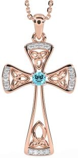 Diamond Aquamarine Rose Gold Silver Celtic Cross Necklace