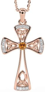 Diamond Citrine Rose Gold Silver Celtic Cross Necklace