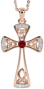 Diamond Garnet Rose Gold Silver Celtic Cross Necklace