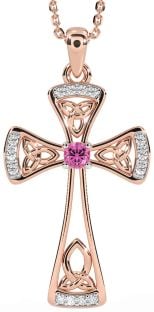 Diamond Pink Tourmaline Rose Gold Silver Celtic Cross Necklace