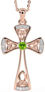 Diamond Peridot Rose Gold Silver Celtic Cross Necklace