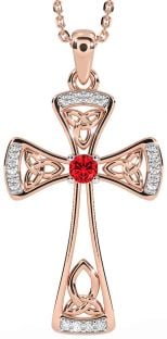 Diamond Ruby Rose Gold Silver Celtic Cross Necklace