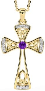 Diamond Amethyst Gold Silver Celtic Cross Necklace