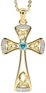 Diamond Aquamarine Gold Silver Celtic Cross Necklace