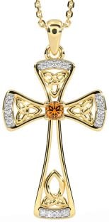 Diamond Citrine Gold Silver Celtic Cross Necklace