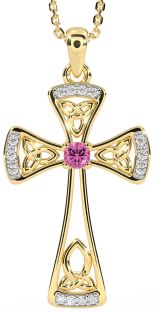 Diamond Pink Tourmaline Gold Silver Celtic Cross Necklace