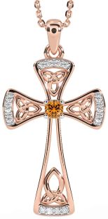 Diamond Citrine Rose Gold Celtic Cross Necklace