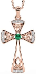 Diamond Emerald Rose Gold Celtic Cross Necklace