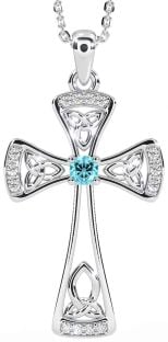 Diamond Aquamarine Silver Celtic Cross Necklace