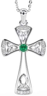 Diamond Emerald Silver Celtic Cross Necklace