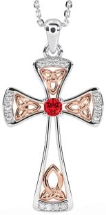 Diamond Ruby White Rose Gold Celtic Cross Necklace