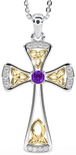 Diamond Amethyst White Yellow Gold Celtic Cross Necklace