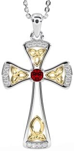 Diamond Garnet White Yellow Gold Celtic Cross Necklace