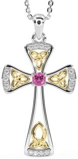 Diamond Pink Tourmaline White Yellow Gold Celtic Cross Necklace