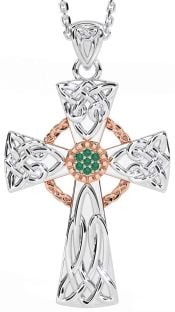 Emerald Rose Gold Silver Celtic Cross Necklace