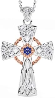 Sapphire Rose Gold Silver Celtic Cross Necklace