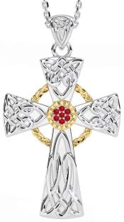 Ruby Gold Silver Celtic Cross Necklace