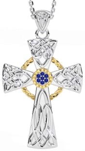 Sapphire Gold Silver Celtic Cross Necklace