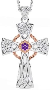 Amethyst White Rose Gold Celtic Cross Necklace