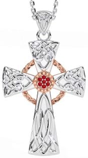 Ruby White Rose Gold Celtic Cross Necklace