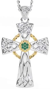 Emerald White Yellow Gold Celtic Cross Necklace