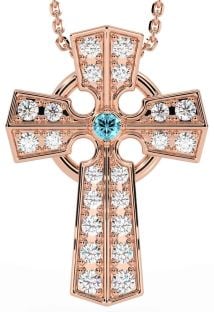 Diamond Aquamarine Rose Gold Silver Celtic Cross Necklace