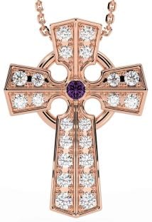 Diamond Alexandrite Rose Gold Silver Celtic Cross Necklace