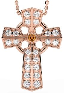 Diamond Citrine Rose Gold Silver Celtic Cross Necklace