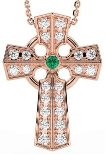 Diamond Emerald Rose Gold Silver Celtic Cross Necklace