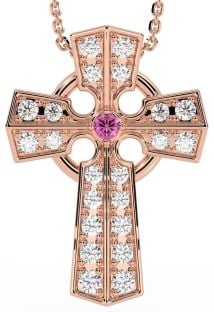 Diamond Pink Tourmaline Rose Gold Silver Celtic Cross Necklace