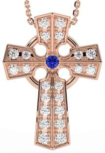 Diamond Sapphire Rose Gold Silver Celtic Cross Necklace