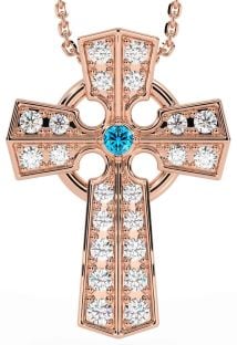 Diamond Topaz Rose Gold Silver Celtic Cross Necklace