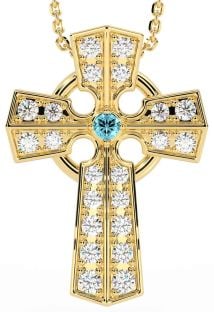 Diamond Aquamarine Gold Silver Celtic Cross Necklace