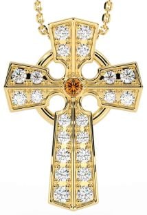 Diamond Citrine Gold Silver Celtic Cross Necklace