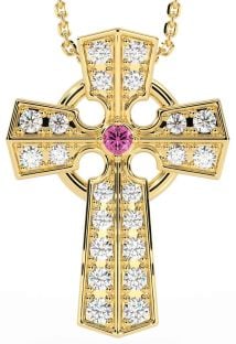 Diamond Pink Tourmaline Gold Silver Celtic Cross Necklace