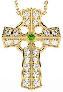 Diamond Peridot Gold Silver Celtic Cross Necklace