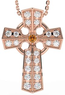 Diamond Citrine Rose Gold Celtic Cross Necklace