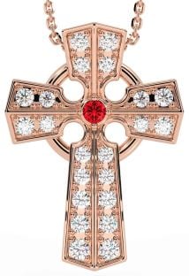 Diamond Ruby Rose Gold Celtic Cross Necklace