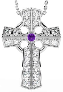 Diamond Amethyst Silver Celtic Cross Necklace