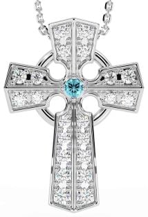 Diamond Aquamarine Silver Celtic Cross Necklace