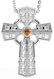 Diamond Citrine Silver Celtic Cross Necklace