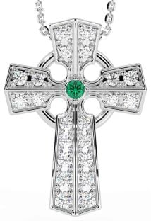 Diamond Emerald Silver Celtic Cross Necklace