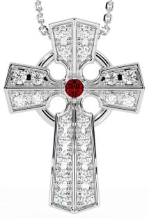 Diamond Garnet Silver Celtic Cross Necklace