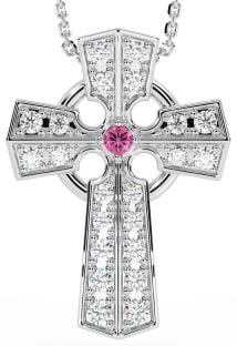 Diamond Pink Tourmaline Silver Celtic Cross Necklace