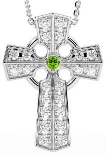 Diamond Peridot Silver Celtic Cross Necklace