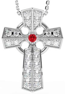 Diamond Ruby Silver Celtic Cross Necklace