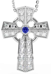 Diamond Sapphire Silver Celtic Cross Necklace