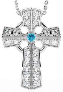 Diamond Topaz Silver Celtic Cross Necklace