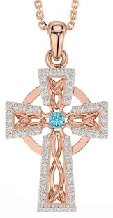 Diamond Aquamarine Rose Gold Silver Celtic Cross Necklace