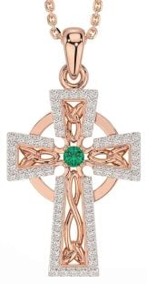 Diamond Emerald Rose Gold Silver Celtic Cross Necklace